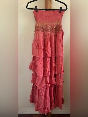 Strapless Tiered Maxi Dress in Coral with Metallic Smocked Waist